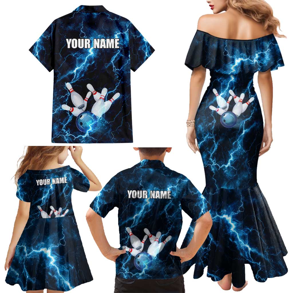 Personalized Bowling Ball Strike Graphic Family Matching Mermaid Dress and Hawaiian Shirt Blue Lightning Storm and Electric Energy - Wonder Print Shop