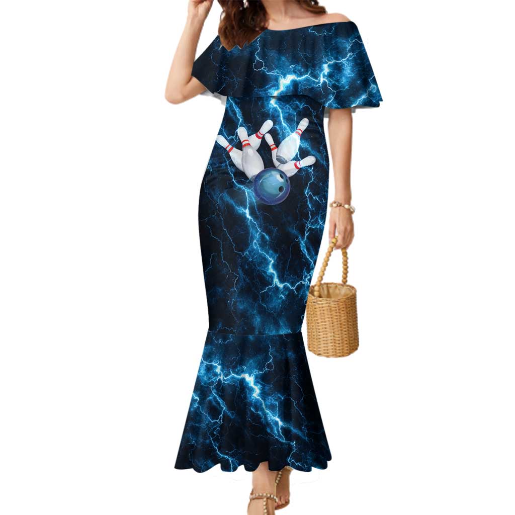 Personalized Bowling Ball Strike Graphic Family Matching Mermaid Dress and Hawaiian Shirt Blue Lightning Storm and Electric Energy - Wonder Print Shop