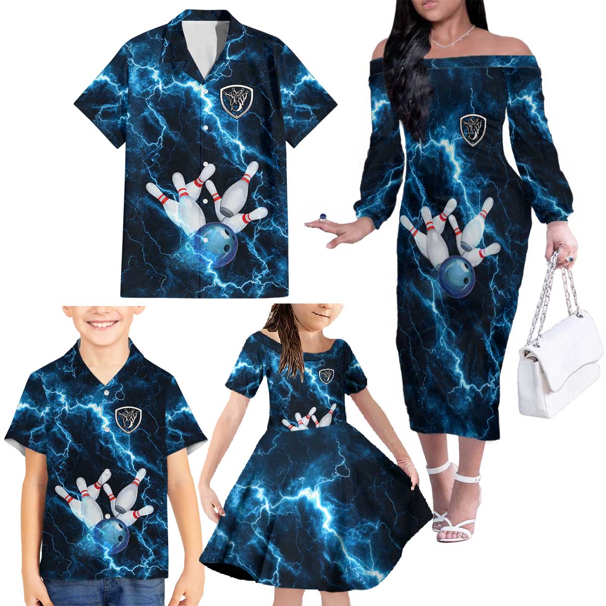 Personalized Bowling Ball Strike Graphic Family Matching Off The Shoulder Long Sleeve Dress and Hawaiian Shirt Blue Lightning Storm and Electric Energy - Wonder Print Shop