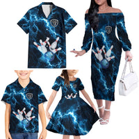 Personalized Bowling Ball Strike Graphic Family Matching Off The Shoulder Long Sleeve Dress and Hawaiian Shirt Blue Lightning Storm and Electric Energy - Wonder Print Shop