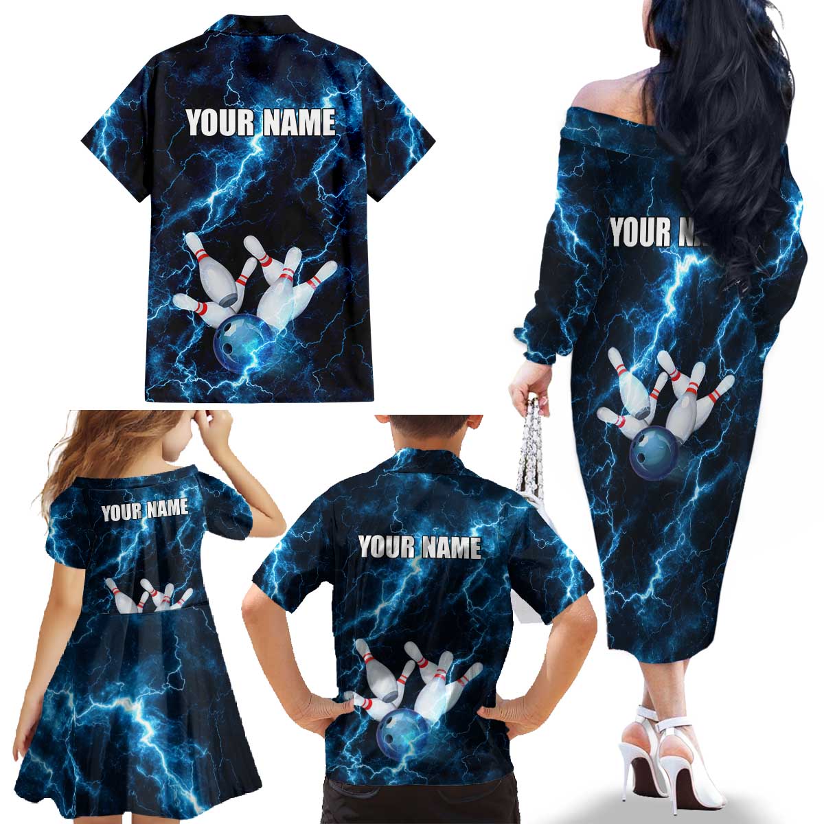 Personalized Bowling Ball Strike Graphic Family Matching Off The Shoulder Long Sleeve Dress and Hawaiian Shirt Blue Lightning Storm and Electric Energy - Wonder Print Shop