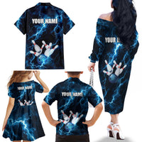 Personalized Bowling Ball Strike Graphic Family Matching Off The Shoulder Long Sleeve Dress and Hawaiian Shirt Blue Lightning Storm and Electric Energy - Wonder Print Shop