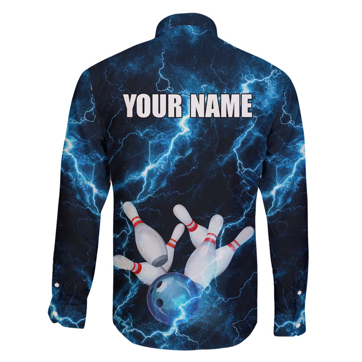 Personalized Bowling Ball Strike Graphic Family Matching Off The Shoulder Long Sleeve Dress and Hawaiian Shirt Blue Lightning Storm and Electric Energy - Wonder Print Shop