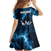 Personalized Bowling Ball Strike Graphic Family Matching Off Shoulder Maxi Dress and Hawaiian Shirt Blue Lightning Storm and Electric Energy - Wonder Print Shop