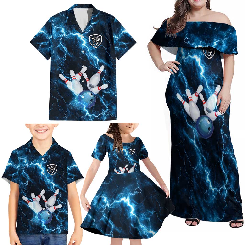 Personalized Bowling Ball Strike Graphic Family Matching Off Shoulder Maxi Dress and Hawaiian Shirt Blue Lightning Storm and Electric Energy - Wonder Print Shop