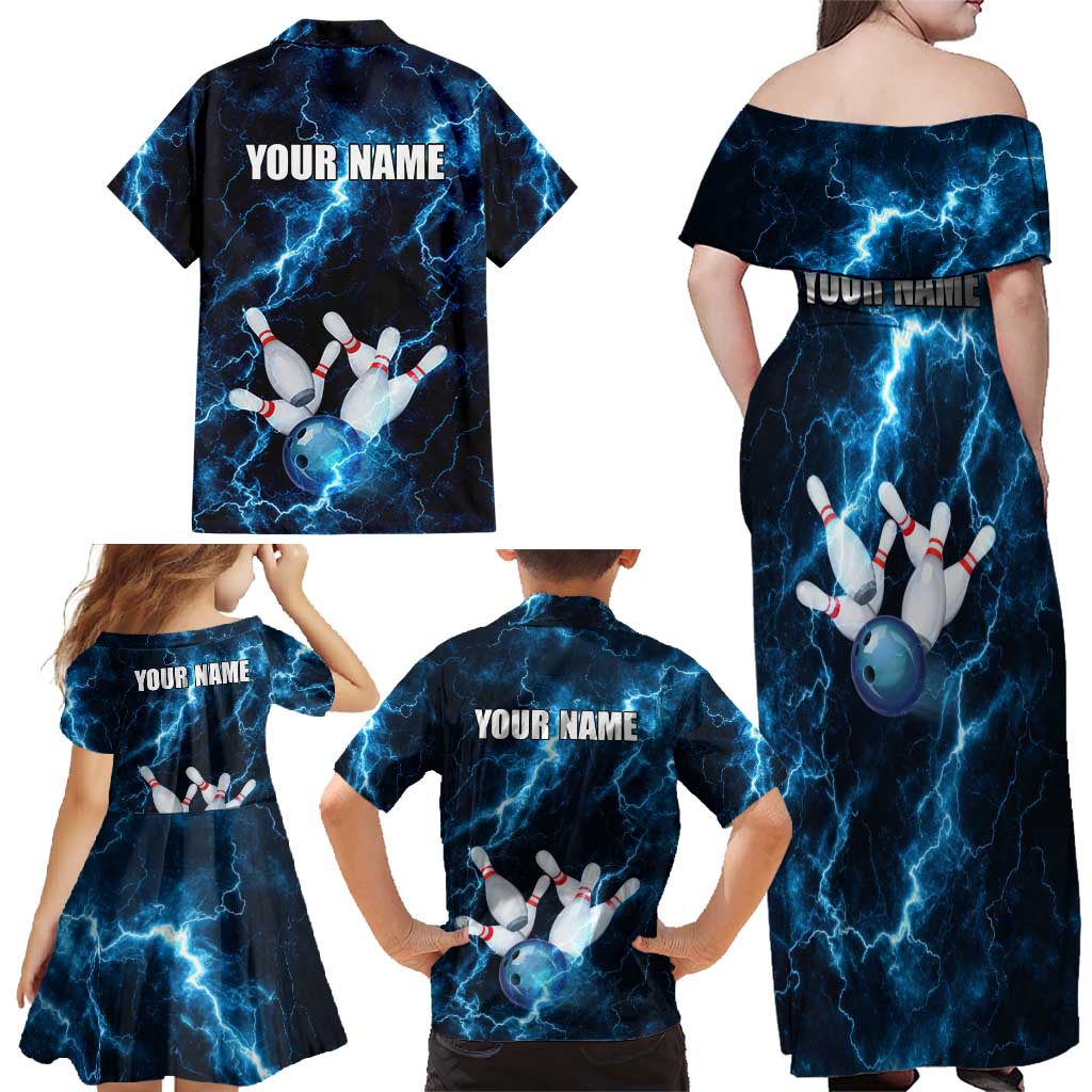Personalized Bowling Ball Strike Graphic Family Matching Off Shoulder Maxi Dress and Hawaiian Shirt Blue Lightning Storm and Electric Energy - Wonder Print Shop