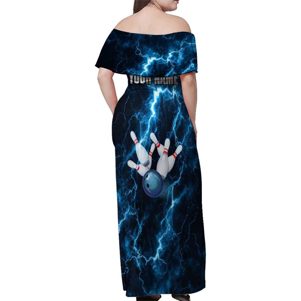 Personalized Bowling Ball Strike Graphic Family Matching Off Shoulder Maxi Dress and Hawaiian Shirt Blue Lightning Storm and Electric Energy - Wonder Print Shop