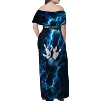 Personalized Bowling Ball Strike Graphic Family Matching Off Shoulder Maxi Dress and Hawaiian Shirt Blue Lightning Storm and Electric Energy - Wonder Print Shop