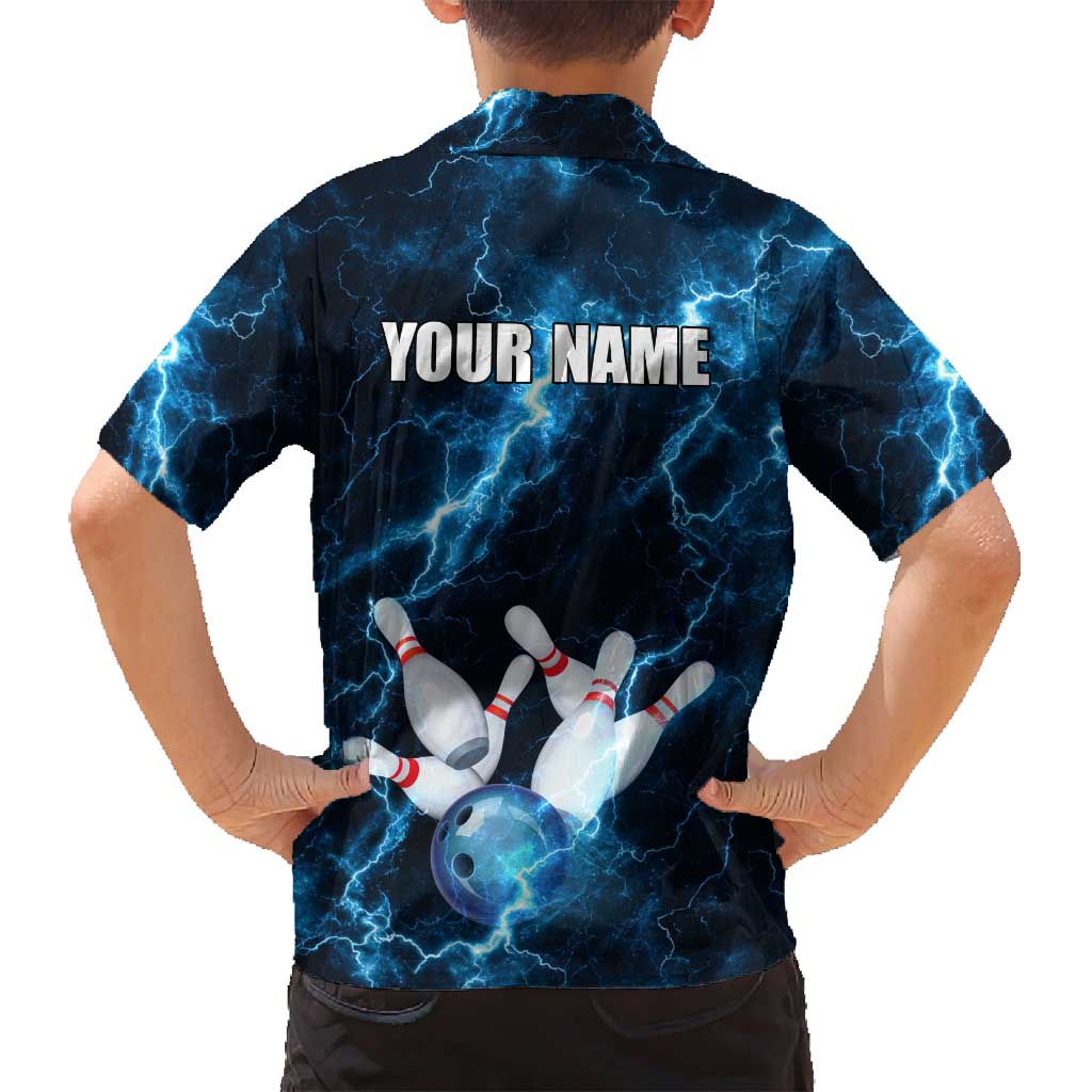 Personalized Bowling Ball Strike Graphic Family Matching Off Shoulder Short Dress and Hawaiian Shirt Blue Lightning Storm and Electric Energy - Wonder Print Shop