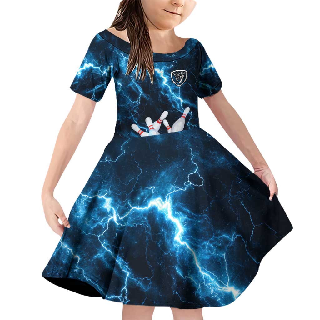 Personalized Bowling Ball Strike Graphic Family Matching Off Shoulder Short Dress and Hawaiian Shirt Blue Lightning Storm and Electric Energy - Wonder Print Shop