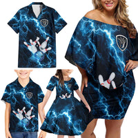 Personalized Bowling Ball Strike Graphic Family Matching Off Shoulder Short Dress and Hawaiian Shirt Blue Lightning Storm and Electric Energy - Wonder Print Shop