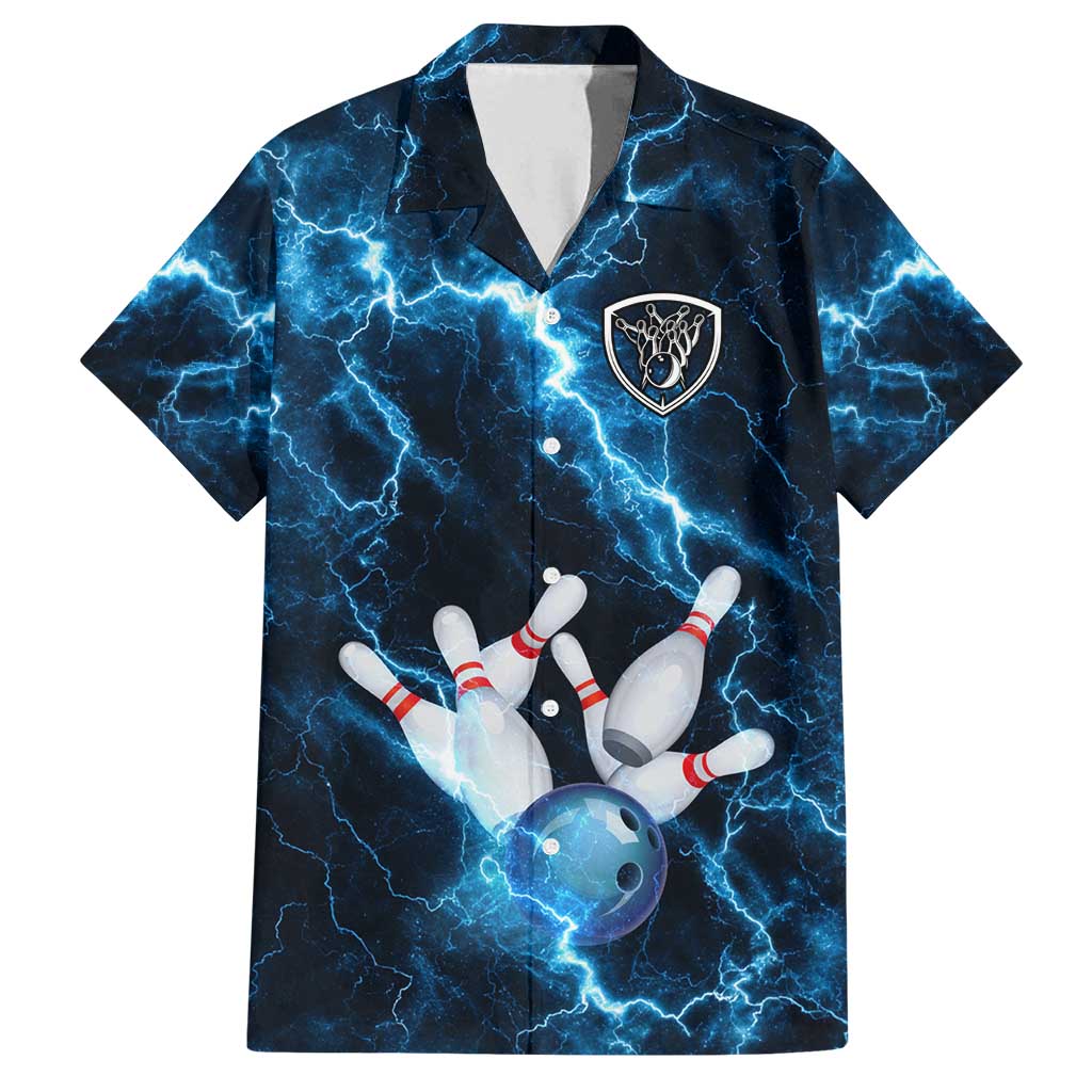 Personalized Bowling Ball Strike Graphic Family Matching Off Shoulder Short Dress and Hawaiian Shirt Blue Lightning Storm and Electric Energy - Wonder Print Shop