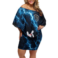 Personalized Bowling Ball Strike Graphic Family Matching Off Shoulder Short Dress and Hawaiian Shirt Blue Lightning Storm and Electric Energy - Wonder Print Shop
