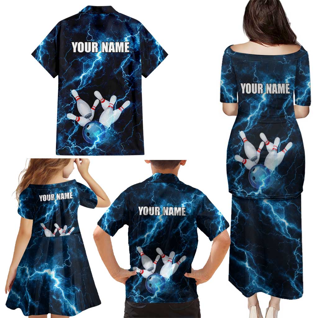 Personalized Bowling Ball Strike Graphic Family Matching Puletasi and Hawaiian Shirt Blue Lightning Storm and Electric Energy - Wonder Print Shop