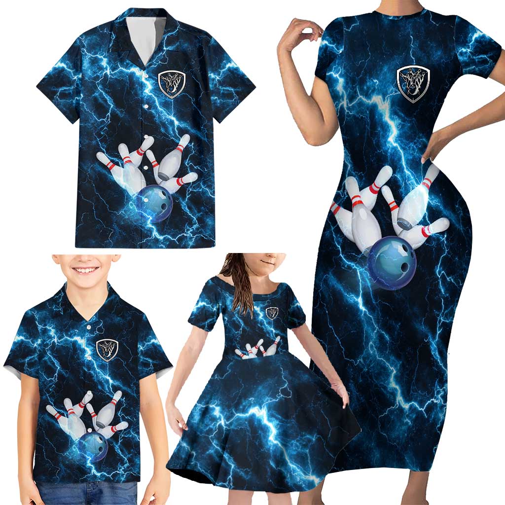 Personalized Bowling Ball Strike Graphic Family Matching Short Sleeve Bodycon Dress and Hawaiian Shirt Blue Lightning Storm and Electric Energy - Wonder Print Shop