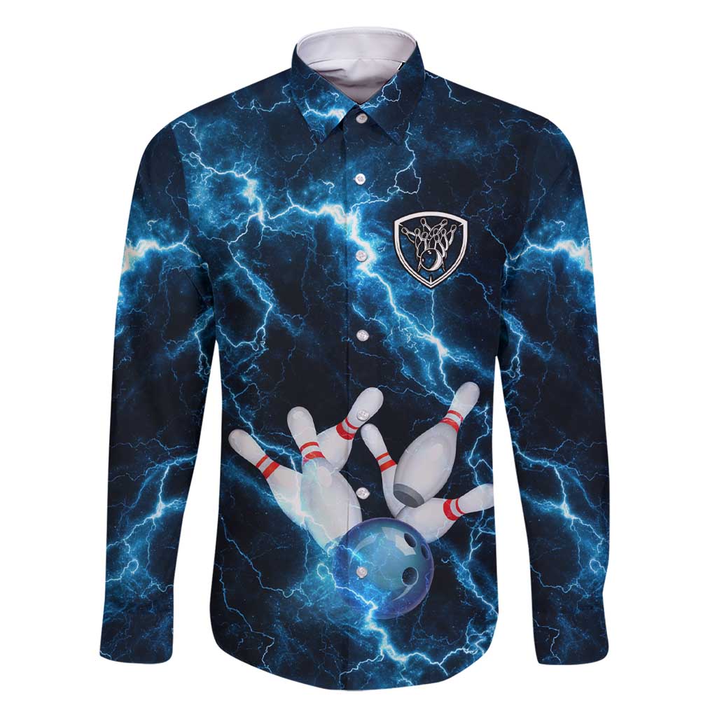 Personalized Bowling Ball Strike Graphic Family Matching Short Sleeve Bodycon Dress and Hawaiian Shirt Blue Lightning Storm and Electric Energy - Wonder Print Shop