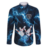 Personalized Bowling Ball Strike Graphic Family Matching Short Sleeve Bodycon Dress and Hawaiian Shirt Blue Lightning Storm and Electric Energy - Wonder Print Shop