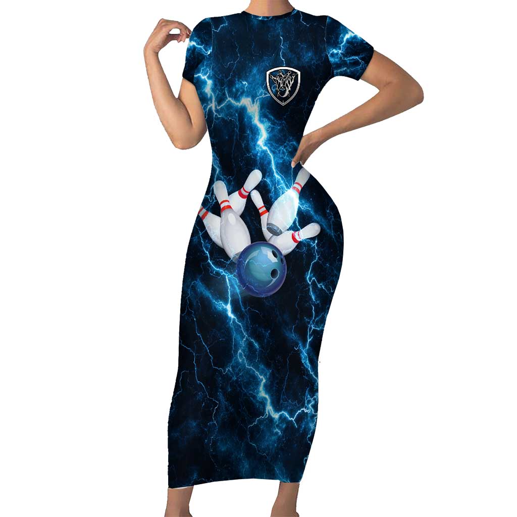 Personalized Bowling Ball Strike Graphic Family Matching Short Sleeve Bodycon Dress and Hawaiian Shirt Blue Lightning Storm and Electric Energy - Wonder Print Shop
