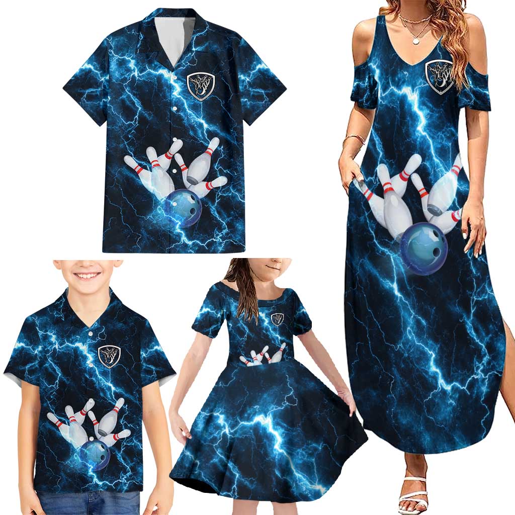 Personalized Bowling Ball Strike Graphic Family Matching Summer Maxi Dress and Hawaiian Shirt Blue Lightning Storm and Electric Energy - Wonder Print Shop