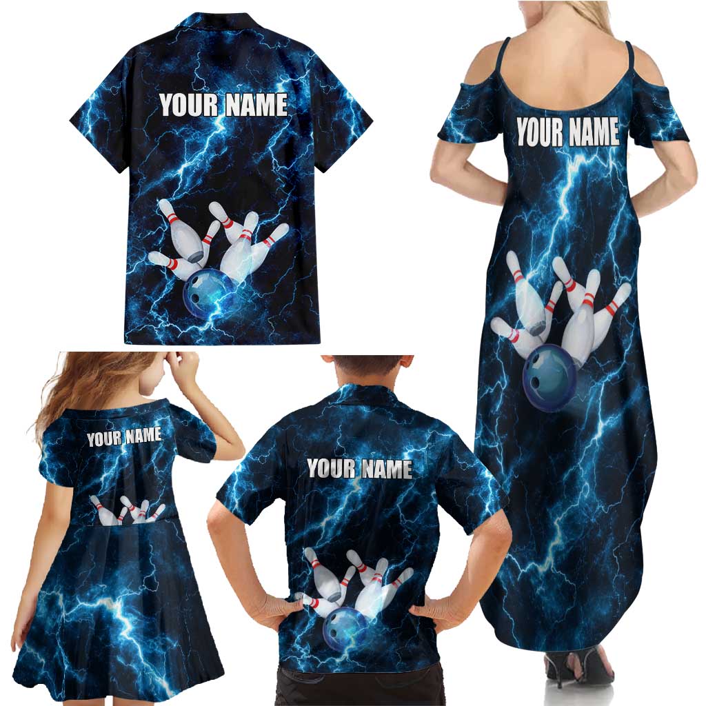 Personalized Bowling Ball Strike Graphic Family Matching Summer Maxi Dress and Hawaiian Shirt Blue Lightning Storm and Electric Energy - Wonder Print Shop