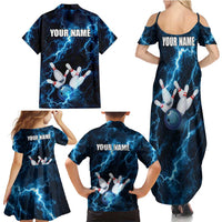 Personalized Bowling Ball Strike Graphic Family Matching Summer Maxi Dress and Hawaiian Shirt Blue Lightning Storm and Electric Energy - Wonder Print Shop