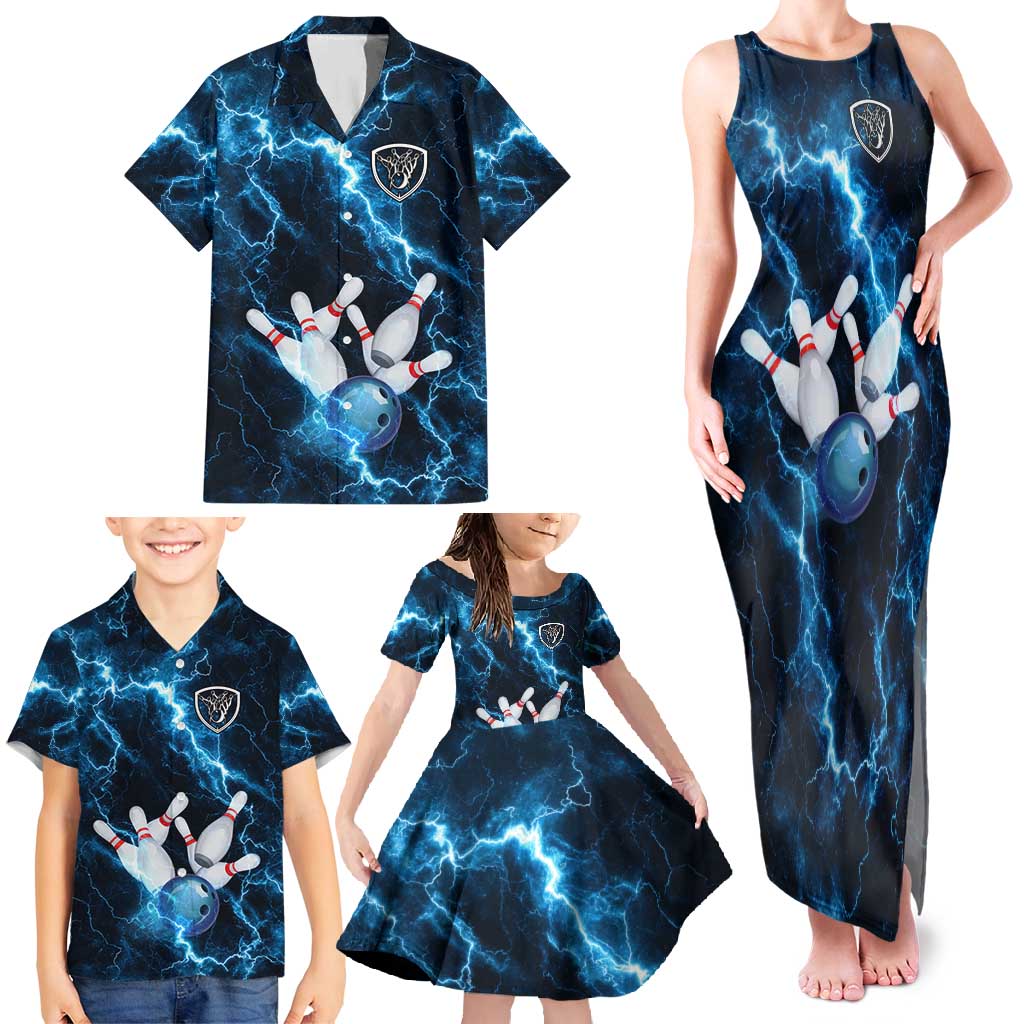 Personalized Bowling Ball Strike Graphic Family Matching Tank Maxi Dress and Hawaiian Shirt Blue Lightning Storm and Electric Energy - Wonder Print Shop