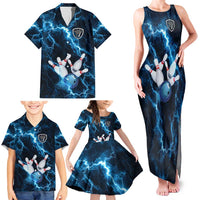 Personalized Bowling Ball Strike Graphic Family Matching Tank Maxi Dress and Hawaiian Shirt Blue Lightning Storm and Electric Energy - Wonder Print Shop