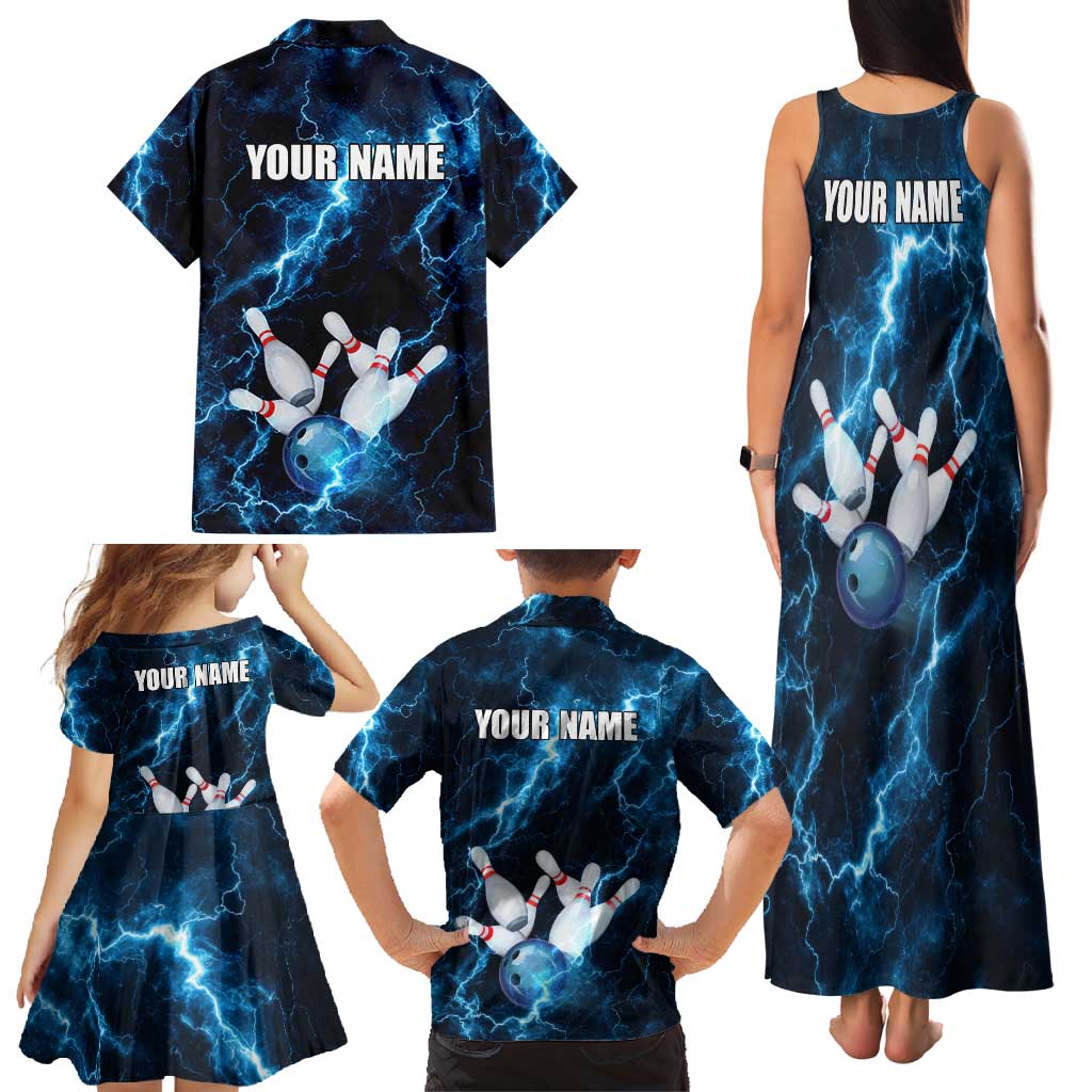 Personalized Bowling Ball Strike Graphic Family Matching Tank Maxi Dress and Hawaiian Shirt Blue Lightning Storm and Electric Energy - Wonder Print Shop