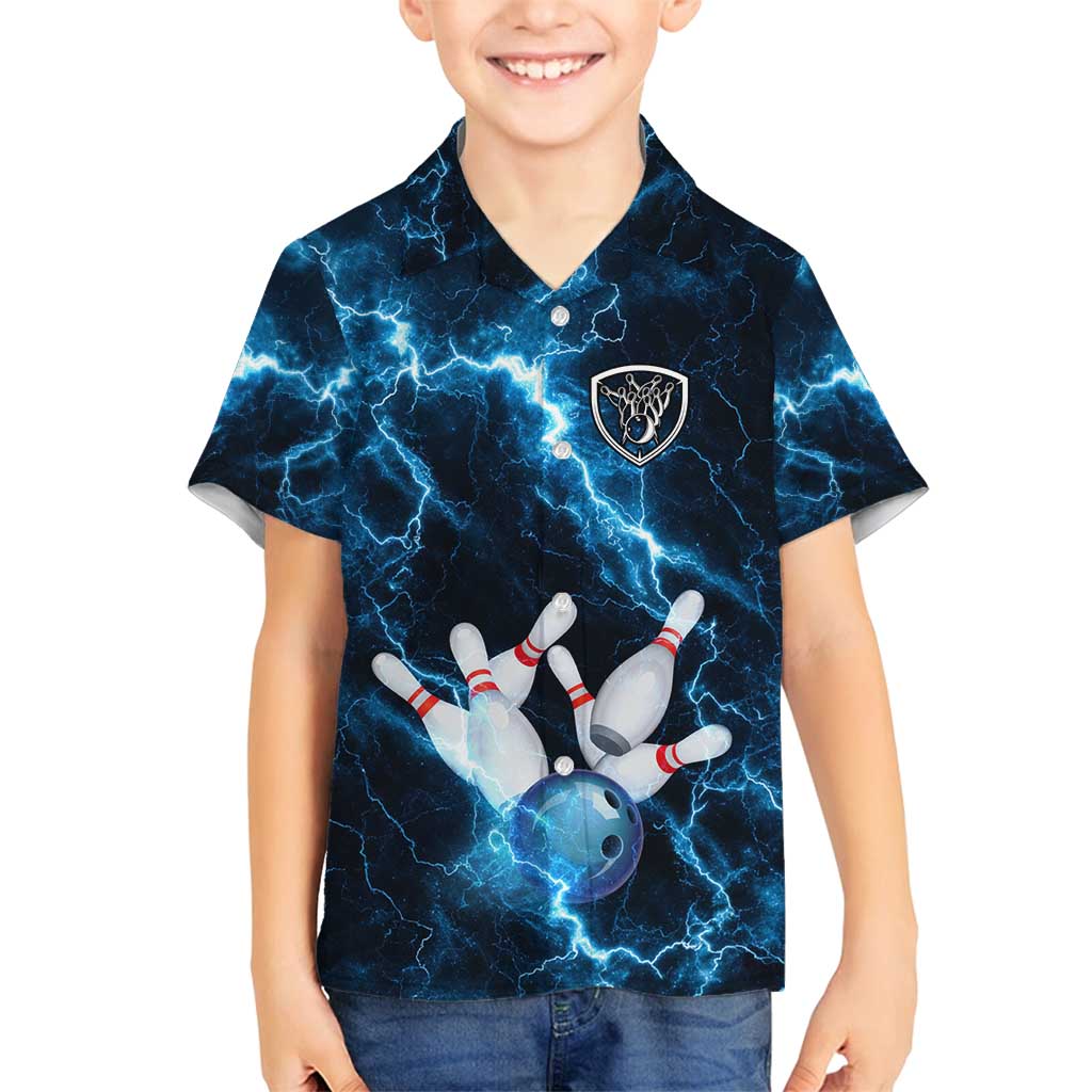 Personalized Bowling Ball Strike Graphic Family Matching Tank Maxi Dress and Hawaiian Shirt Blue Lightning Storm and Electric Energy - Wonder Print Shop