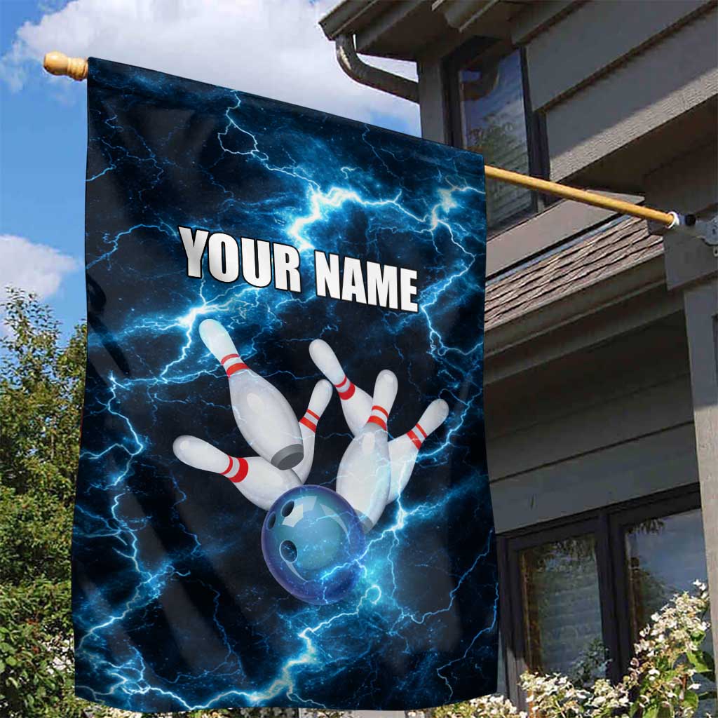 Personalized Bowling Ball Strike Graphic Garden Flag Blue Lightning Storm and Electric Energy - Wonder Print Shop