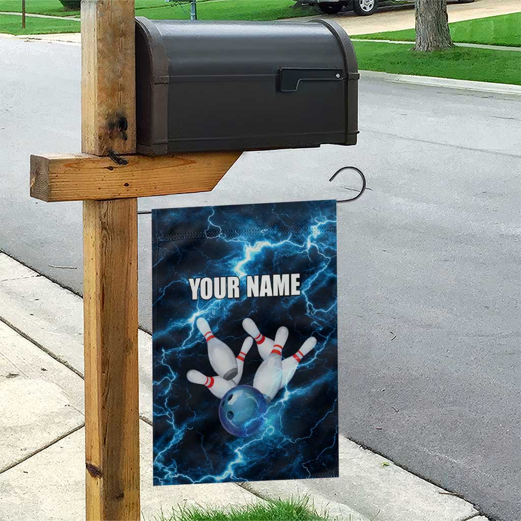 Personalized Bowling Ball Strike Graphic Garden Flag Blue Lightning Storm and Electric Energy - Wonder Print Shop