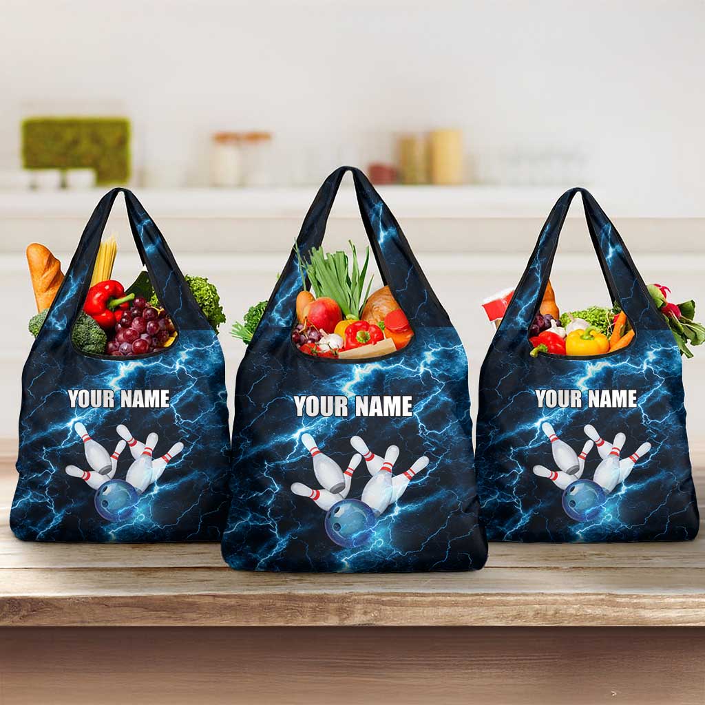 Personalized Bowling Ball Strike Graphic Grocery Bag Blue Lightning Storm and Electric Energy - Wonder Print Shop