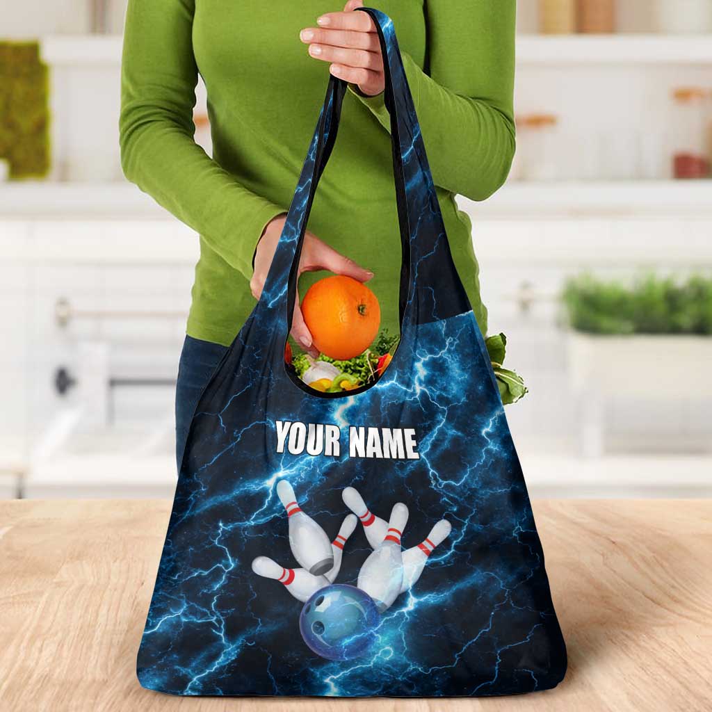 Personalized Bowling Ball Strike Graphic Grocery Bag Blue Lightning Storm and Electric Energy - Wonder Print Shop
