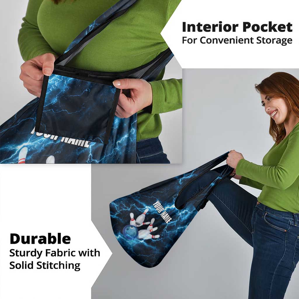 Personalized Bowling Ball Strike Graphic Grocery Bag Blue Lightning Storm and Electric Energy - Wonder Print Shop