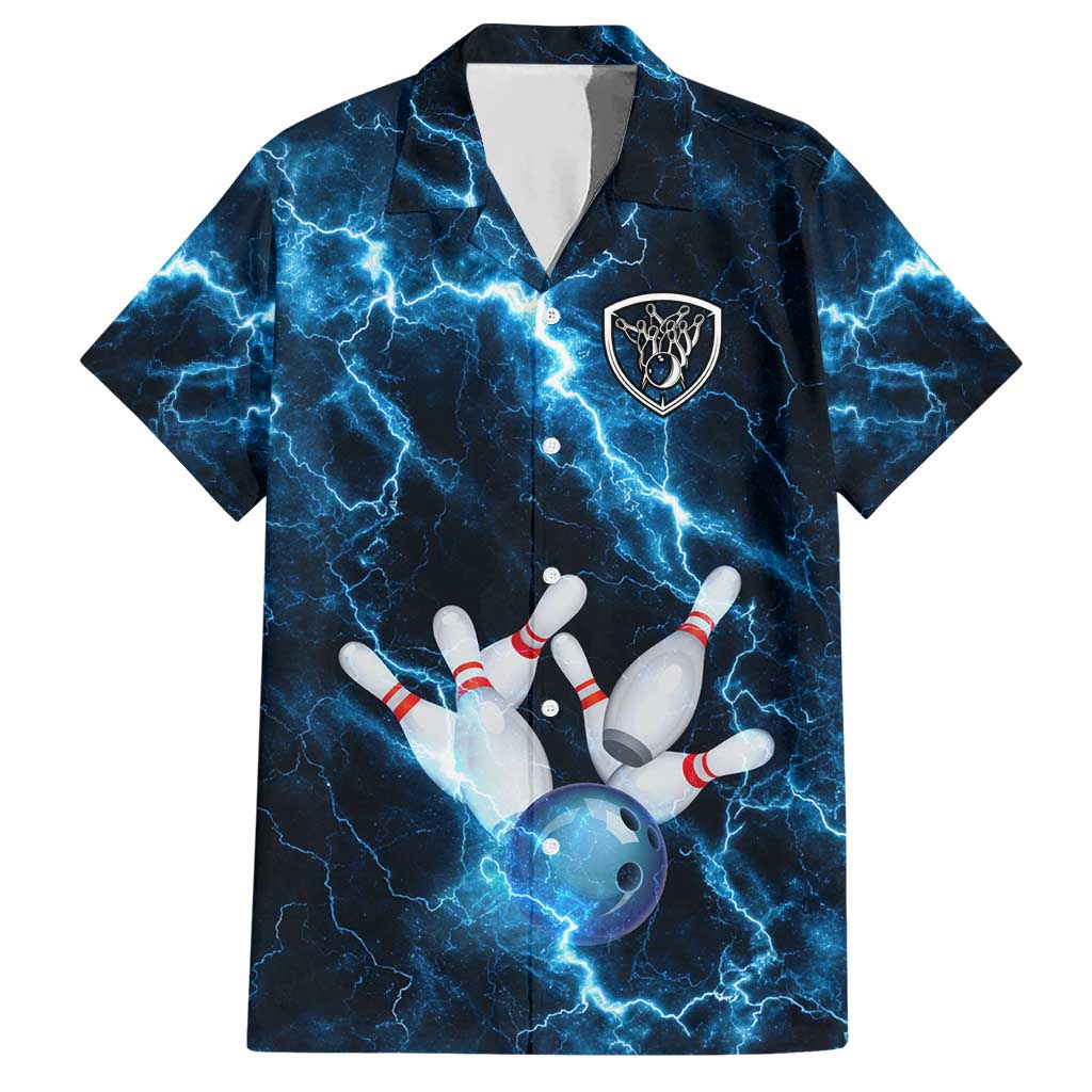 Personalized Bowling Ball Strike Graphic Hawaiian Shirt Blue Lightning Storm and Electric Energy - Wonder Print Shop