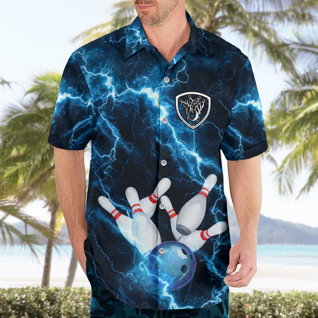 Personalized Bowling Ball Strike Graphic Hawaiian Shirt Blue Lightning Storm and Electric Energy - Wonder Print Shop