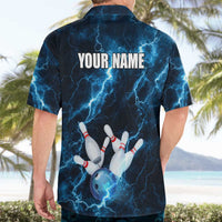 Personalized Bowling Ball Strike Graphic Hawaiian Shirt Blue Lightning Storm and Electric Energy - Wonder Print Shop