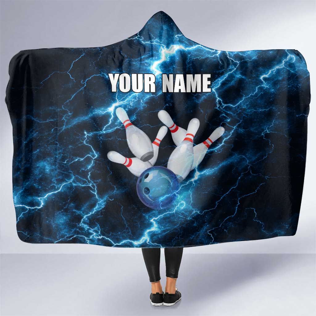 Personalized Bowling Ball Strike Graphic Hooded Blanket Blue Lightning Storm and Electric Energy - Wonder Print Shop