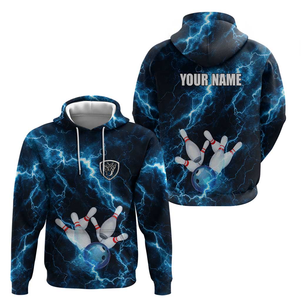 Personalized Bowling Ball Strike Graphic Hoodie Blue Lightning Storm and Electric Energy - Wonder Print Shop