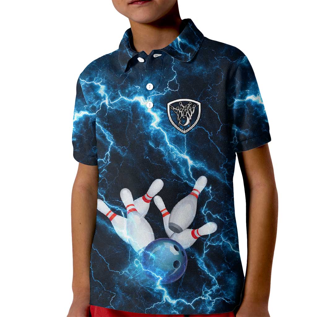 Personalized Bowling Ball Strike Graphic Kid Polo Shirt Blue Lightning Storm and Electric Energy - Wonder Print Shop