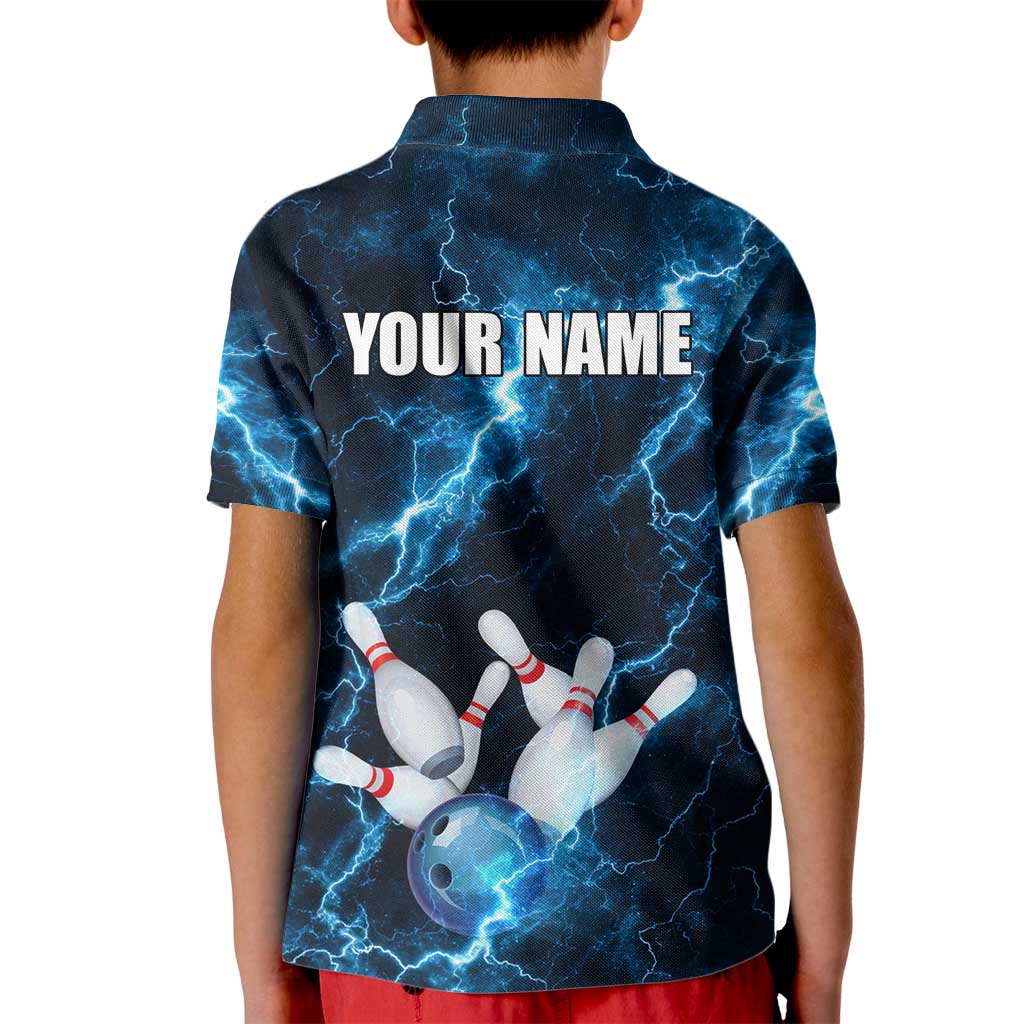 Personalized Bowling Ball Strike Graphic Kid Polo Shirt Blue Lightning Storm and Electric Energy - Wonder Print Shop