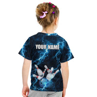 Personalized Bowling Ball Strike Graphic Kid T Shirt Blue Lightning Storm and Electric Energy - Wonder Print Shop