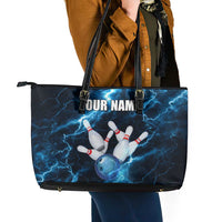 Personalized Bowling Ball Strike Graphic Leather Tote Bag Blue Lightning Storm and Electric Energy - Wonder Print Shop