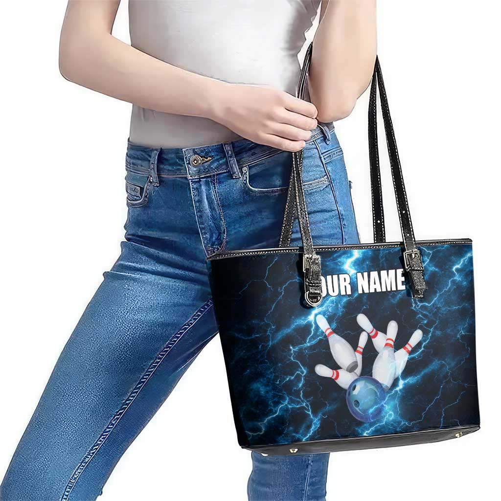 Personalized Bowling Ball Strike Graphic Leather Tote Bag Blue Lightning Storm and Electric Energy - Wonder Print Shop