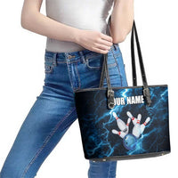 Personalized Bowling Ball Strike Graphic Leather Tote Bag Blue Lightning Storm and Electric Energy - Wonder Print Shop