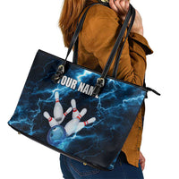 Personalized Bowling Ball Strike Graphic Leather Tote Bag Blue Lightning Storm and Electric Energy - Wonder Print Shop