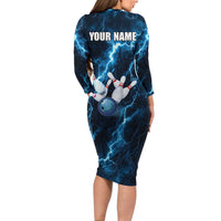 Personalized Bowling Ball Strike Graphic Long Sleeve Bodycon Dress Blue Lightning Storm and Electric Energy - Wonder Print Shop