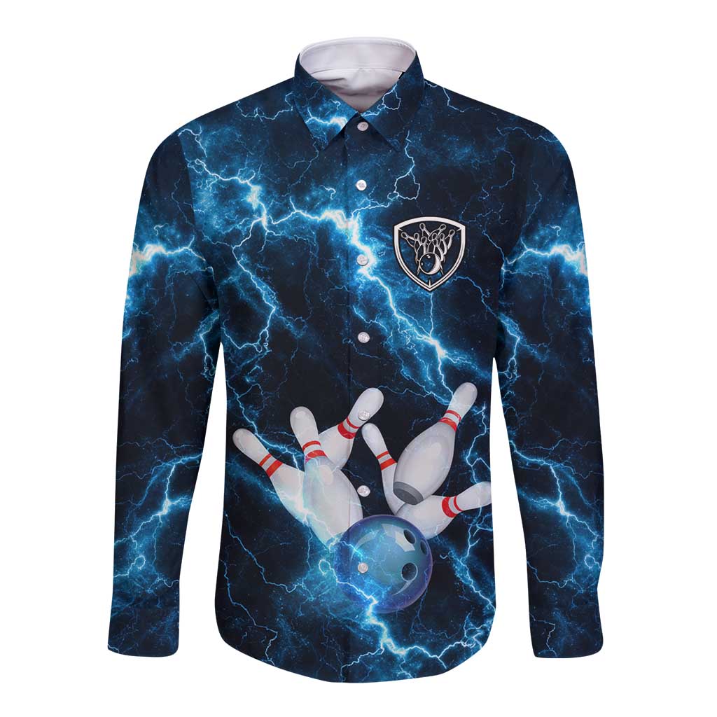 Personalized Bowling Ball Strike Graphic Long Sleeve Button Shirt Blue Lightning Storm and Electric Energy - Wonder Print Shop