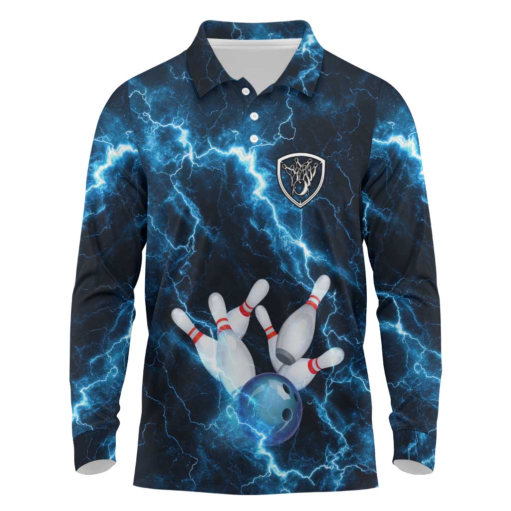Personalized Bowling Ball Strike Graphic Long Sleeve Polo Shirt Blue Lightning Storm and Electric Energy - Wonder Print Shop
