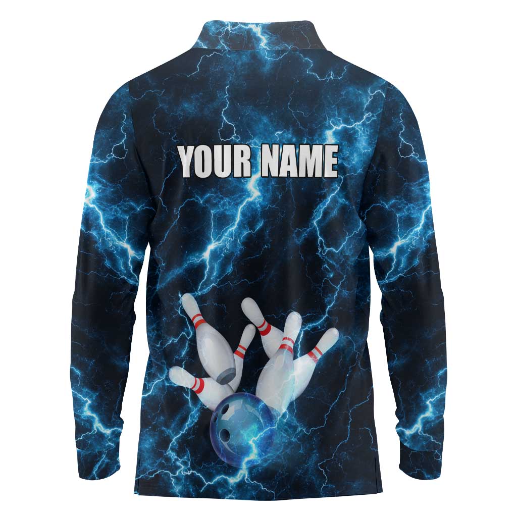 Personalized Bowling Ball Strike Graphic Long Sleeve Polo Shirt Blue Lightning Storm and Electric Energy - Wonder Print Shop